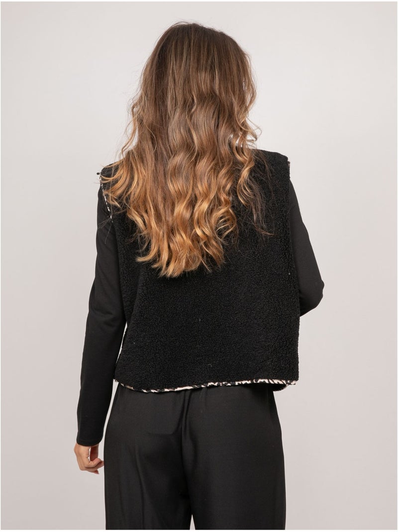 Mouwloos sherpa gilet met luipaardafwerking umalia Zwart - Kiabi