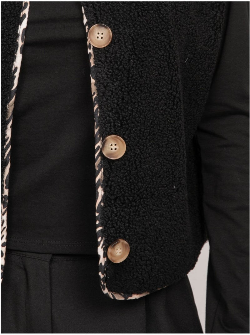 Mouwloos sherpa gilet met luipaardafwerking umalia Zwart - Kiabi