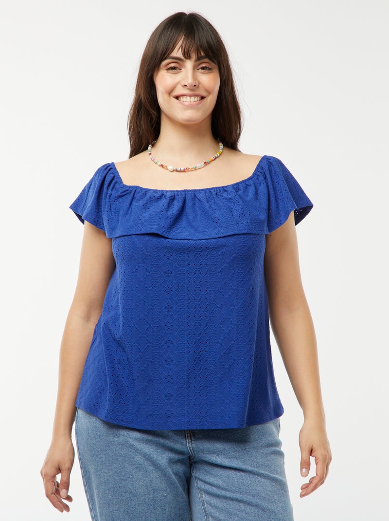 Mouwloos T-shirt van Engels kant met grote volant aan de hals BLAUW - Kiabi