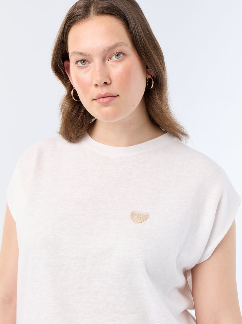 Mouwloos T-shirt van jerseytricot met klein borstborduurwerk Biege - Kiabi