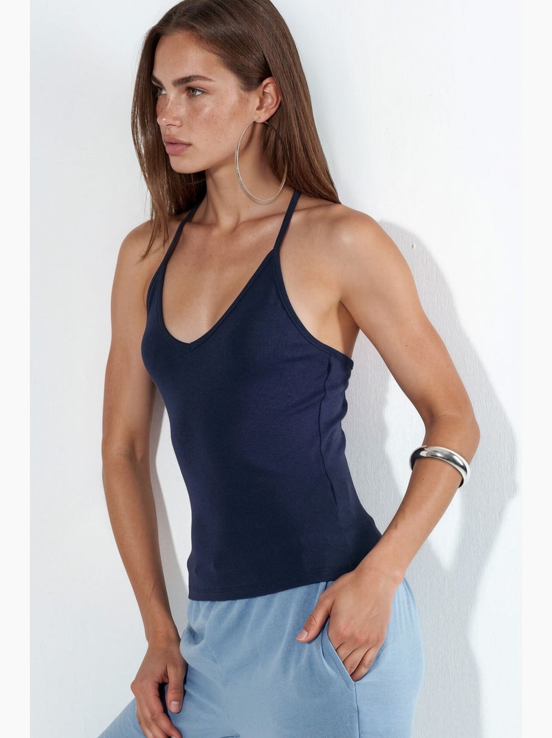 Mouwloos top aansluitend halterhals jersey busem Marineblauw - Kiabi