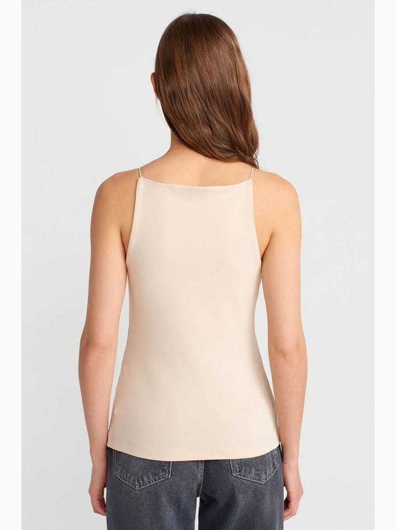 Mouwloos top aansluitend halterhals jersey dilvin Klei-beige - Kiabi