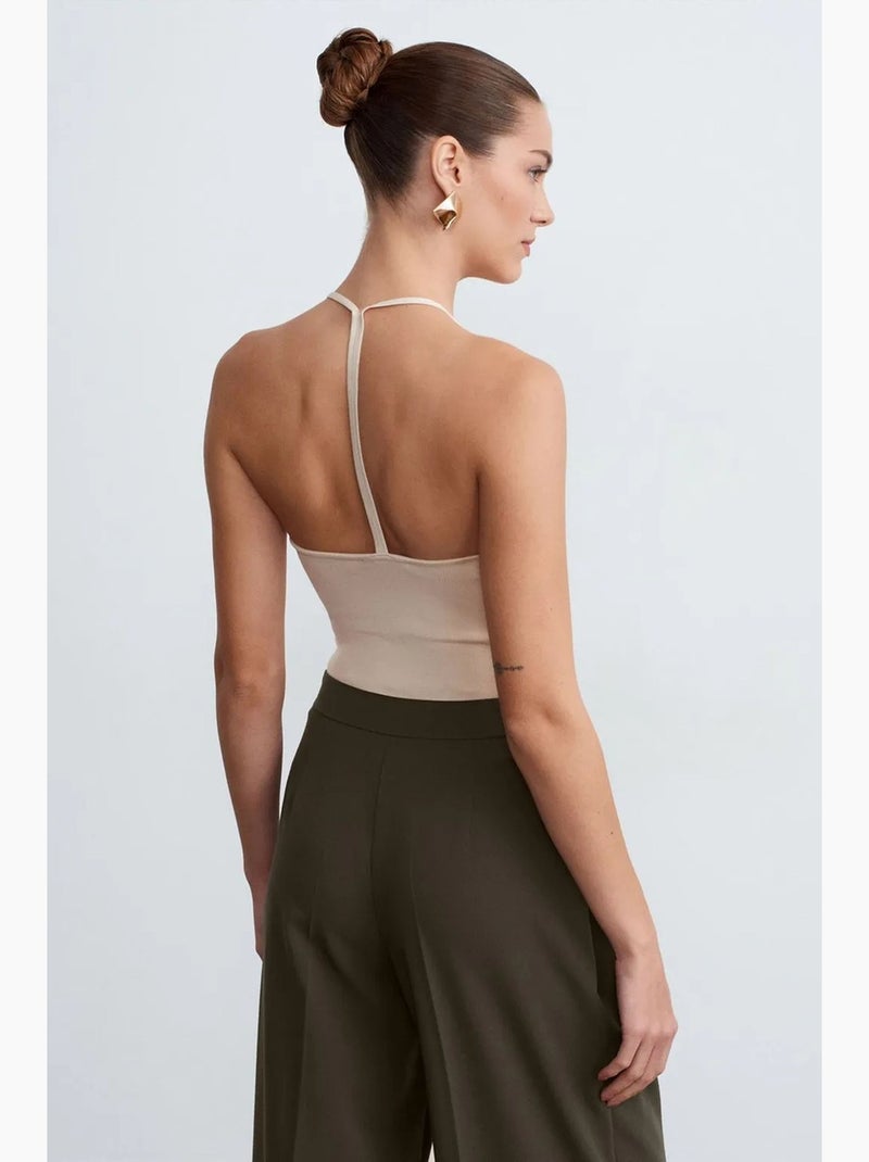 Mouwloos top aansluitend halterhals jersey dilvin Natuurlijk beige - Kiabi