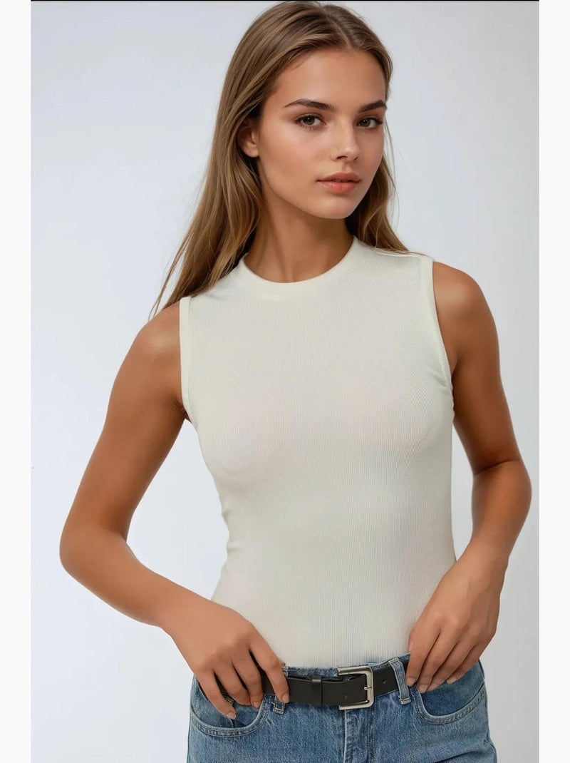 Mouwloos top basic aansluitend ronde hals hiccup Wit - Kiabi