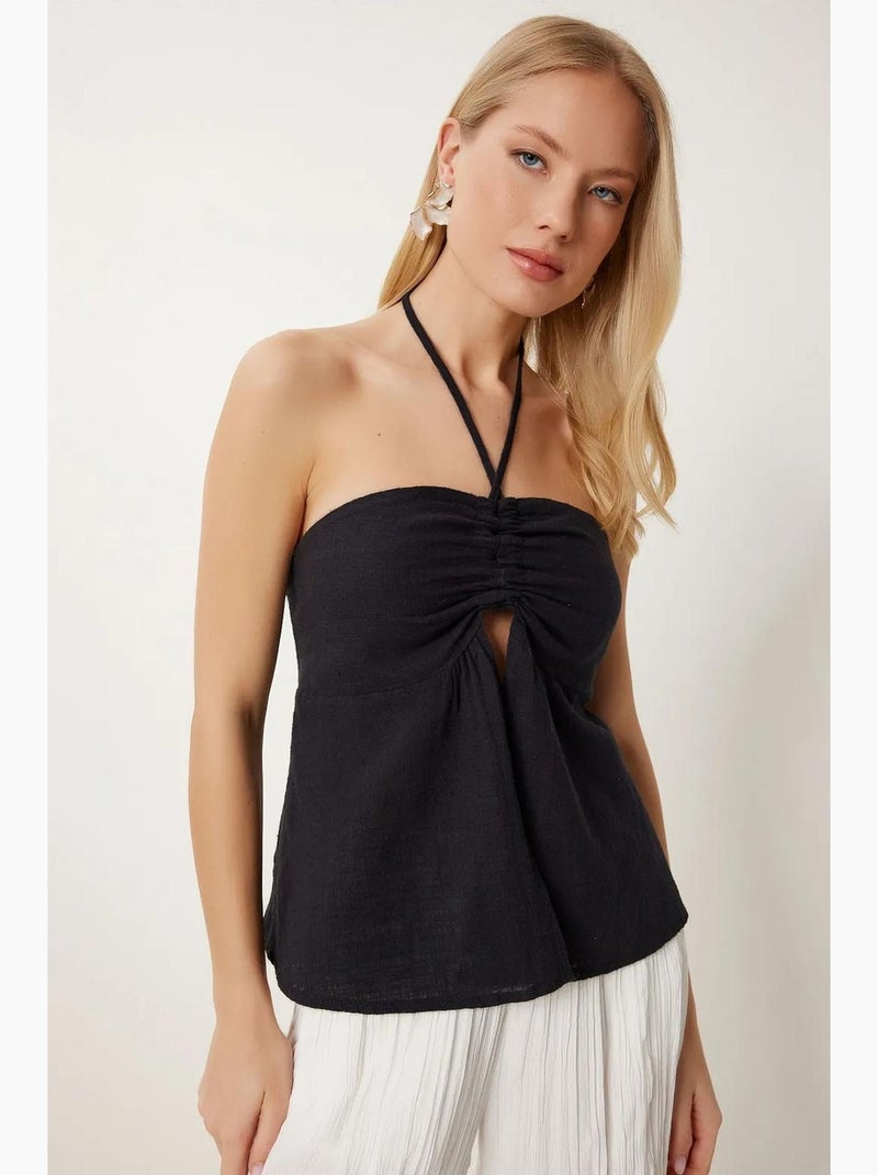 Mouwloos top katoen off-shoulder halternek istanbul Zwart - Kiabi