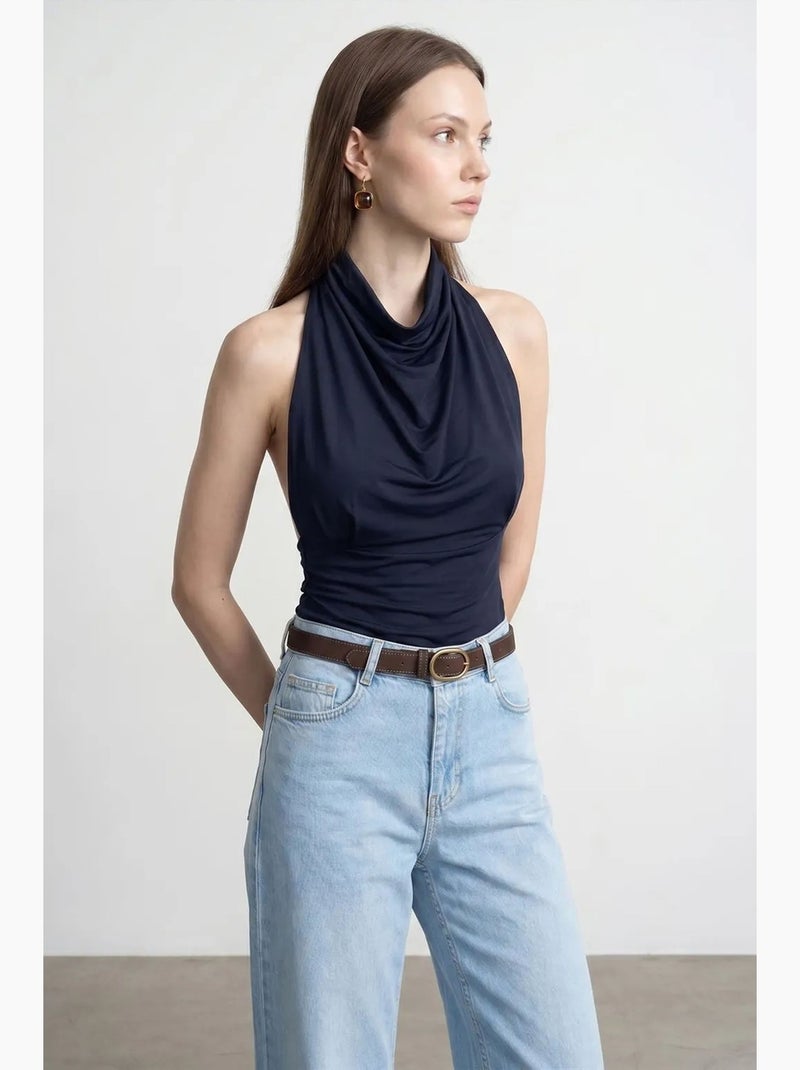 Mouwloos top met watervalhals en aansluitende pasvorm dilvin Marineblauw - Kiabi