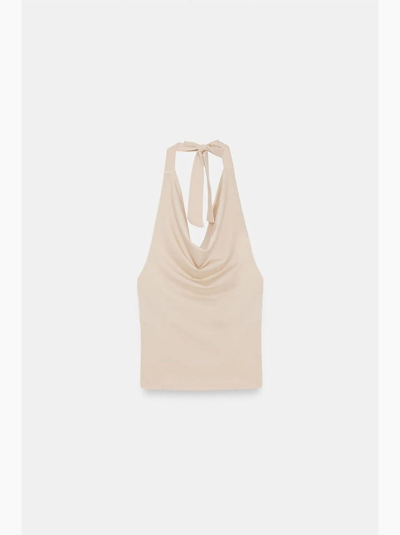 Mouwloos top met watervalhals en strikdetail dilvin Klei-beige - Kiabi