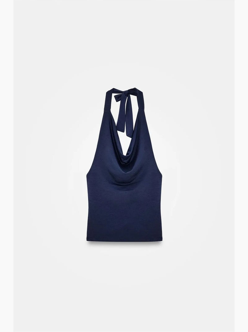 Mouwloos top met watervalhals en strikdetail dilvin Marineblauw - Kiabi