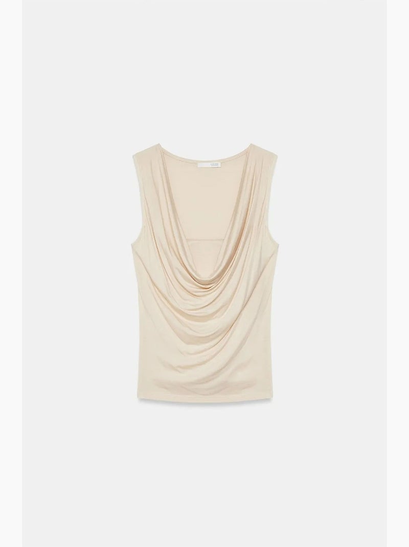 Mouwloos top van jersey met watervalhals dilvin Klei-beige - Kiabi