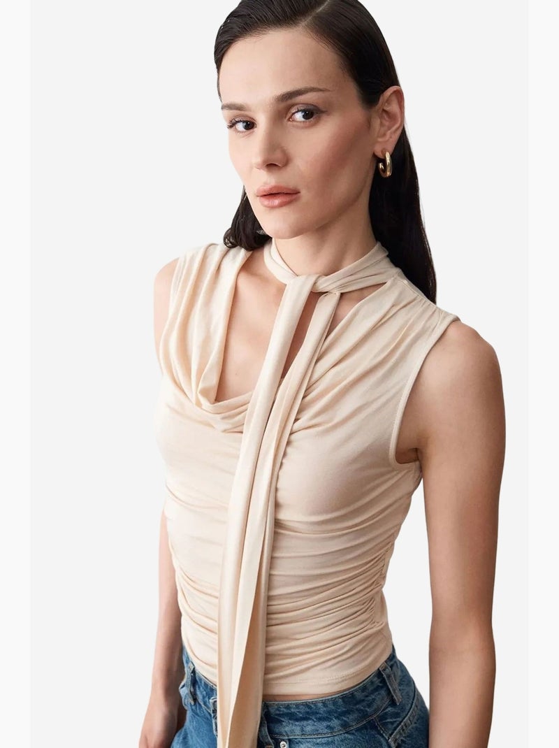 Mouwloos top van jersey met watervalhals dilvin Klei-beige - Kiabi