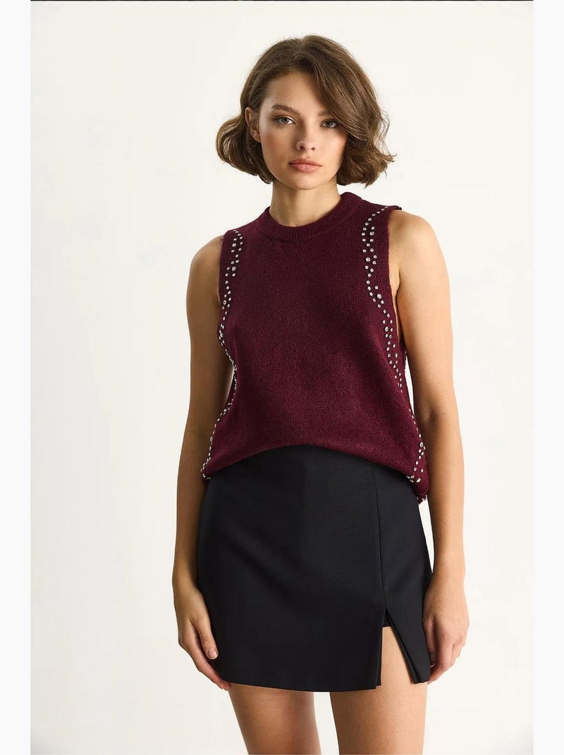 Mouwloos top van textuurtricot ronde hals lucci Bordeauxrood - Kiabi