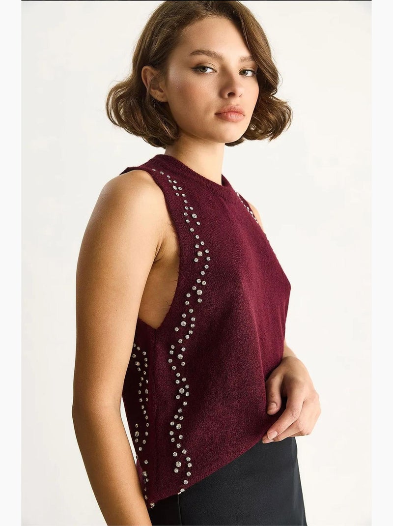 Mouwloos top van textuurtricot ronde hals lucci Bordeauxrood - Kiabi