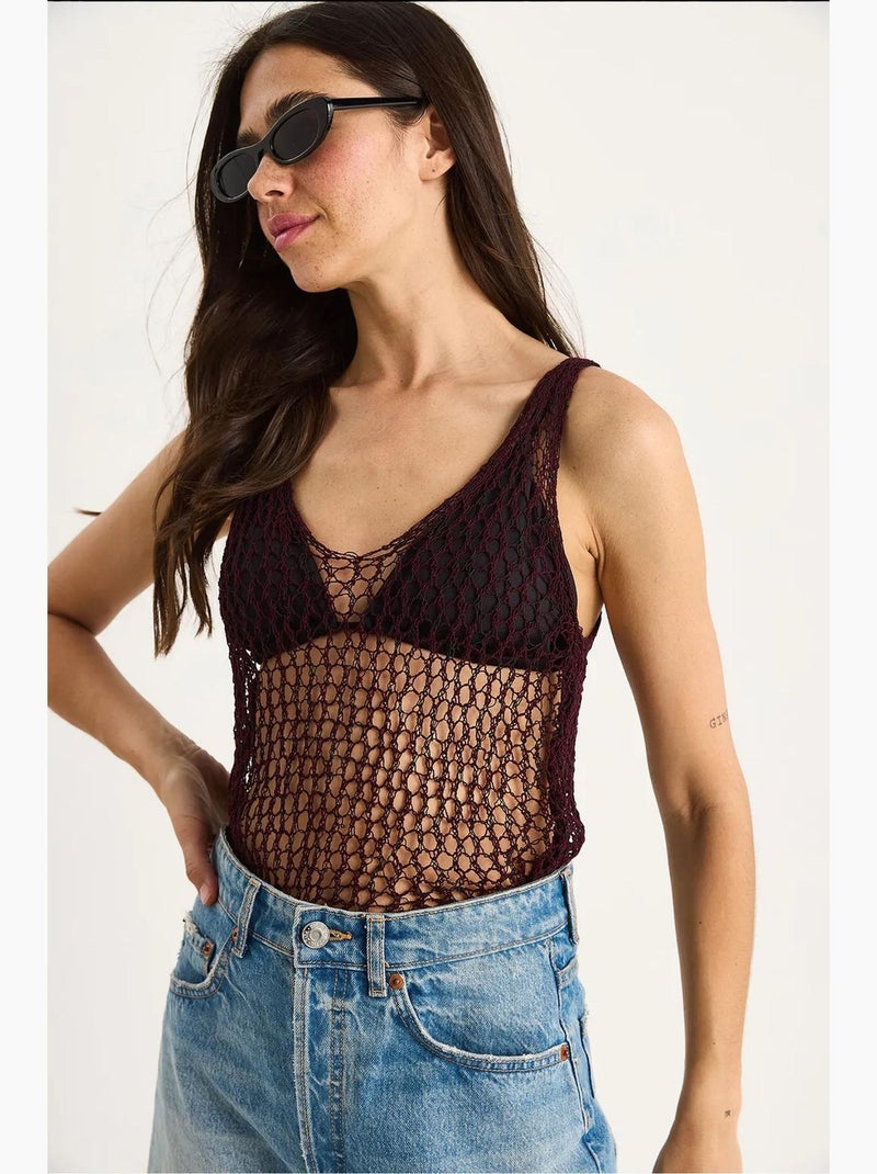 Mouwloos top van textuurtricot ronde hals met meshdetail lucci Bordeauxrood - Kiabi