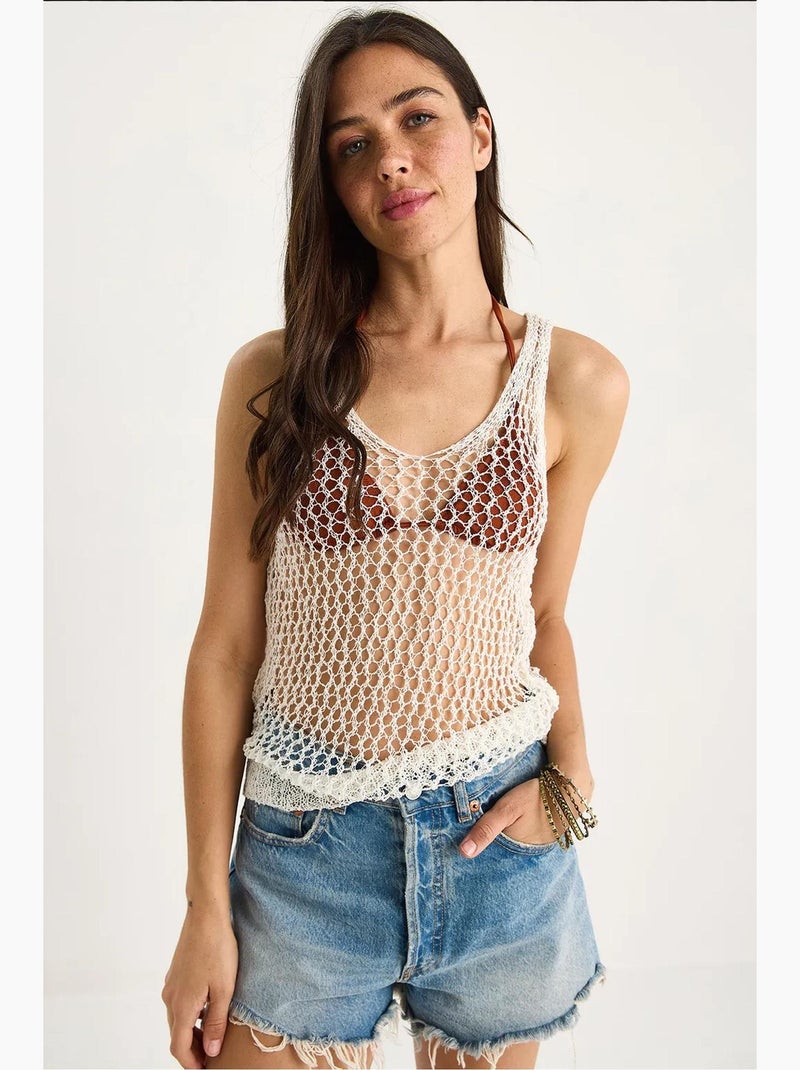 Mouwloos top van textuurtricot ronde hals met meshdetail lucci Klei-beige - Kiabi