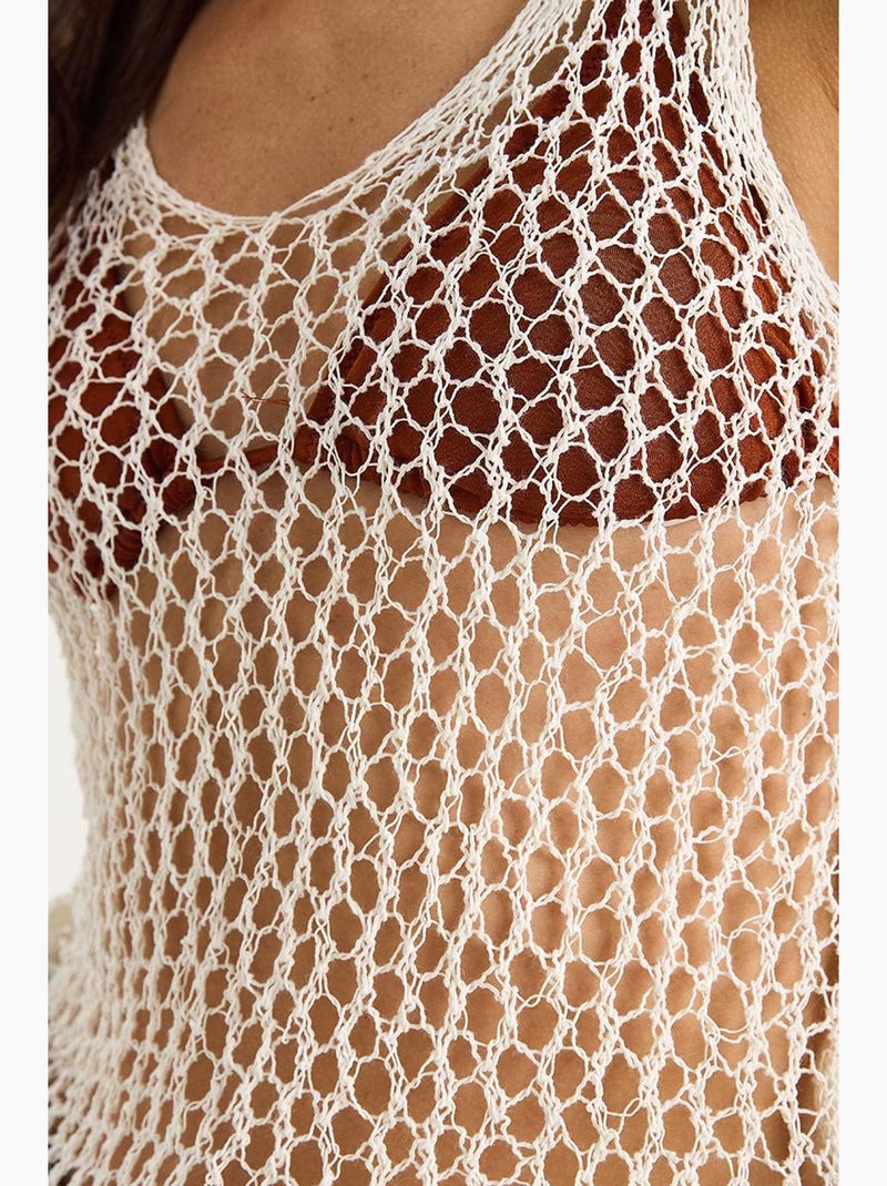 Mouwloos top van textuurtricot ronde hals met meshdetail lucci Klei-beige - Kiabi