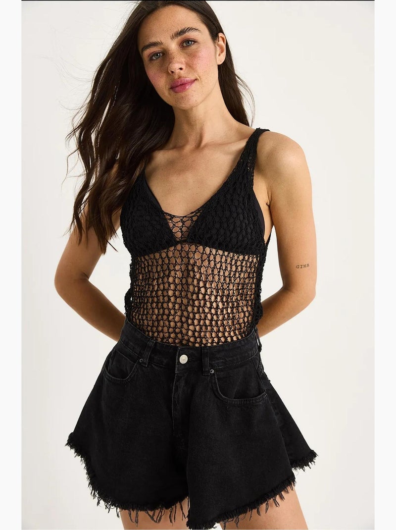 Mouwloos top van textuurtricot ronde hals met meshdetail lucci Zwart - Kiabi