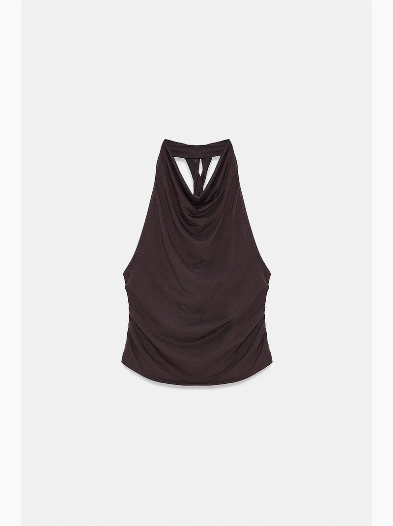 Mouwloze blouse met watervalhals en open rug dilvin Bruin - Kiabi