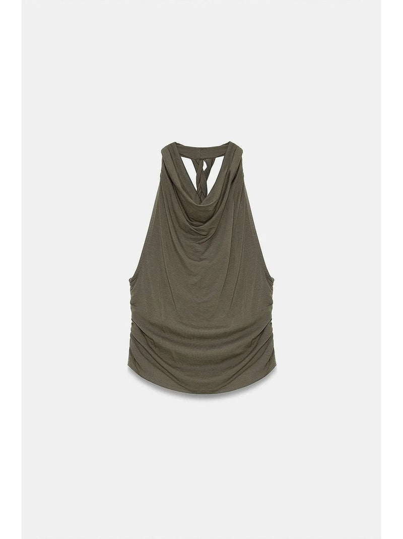 Mouwloze blouse met watervalhals en open rug dilvin Kaki - Kiabi