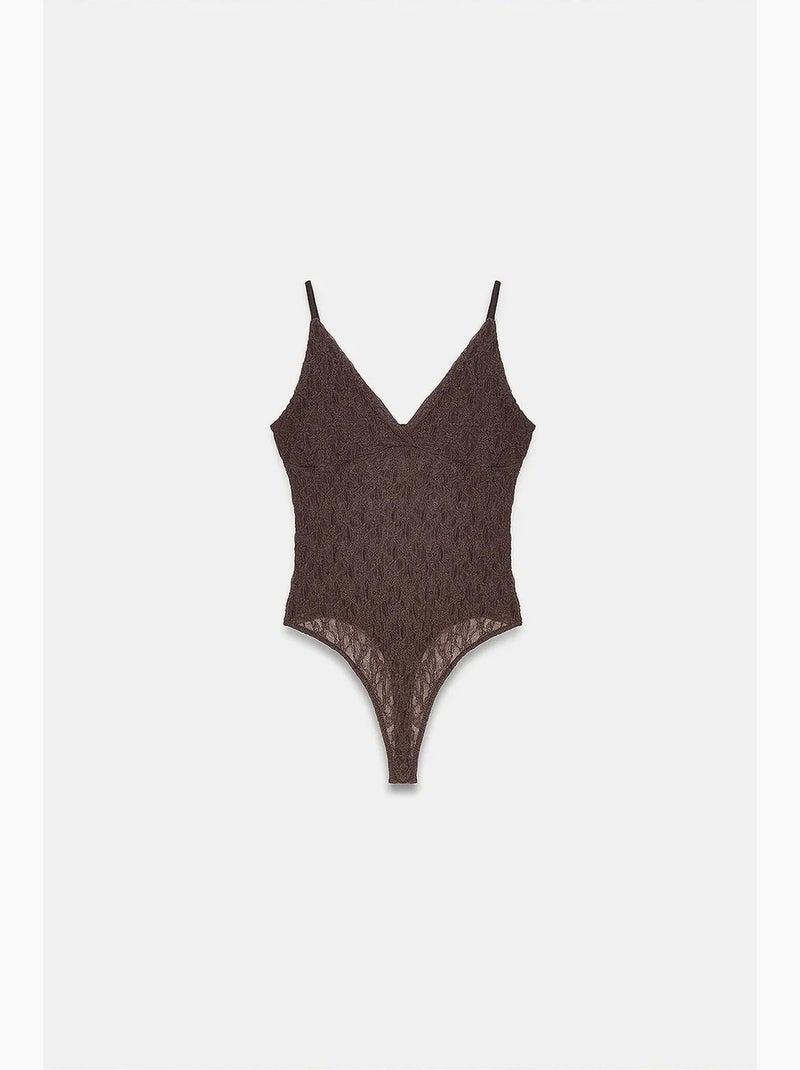 Mouwloze bodyblouse van kant dilvin Bruin - Kiabi