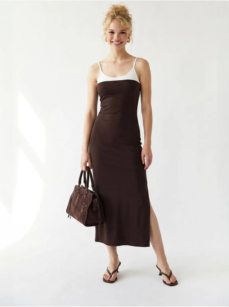 Mouwloze bodycon midi-jurk met split mixray Chocoladebruin - Kiabi