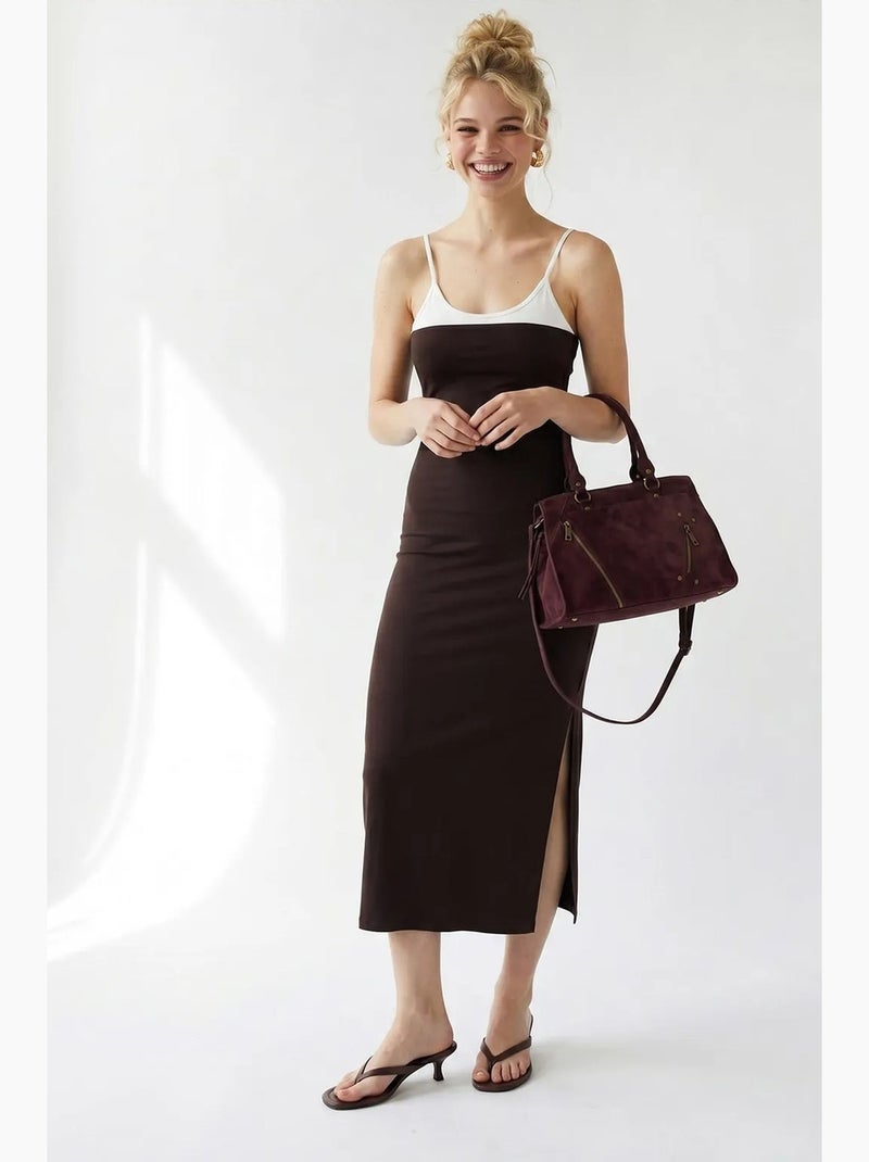 Mouwloze bodycon midi-jurk met split mixray Chocoladebruin - Kiabi