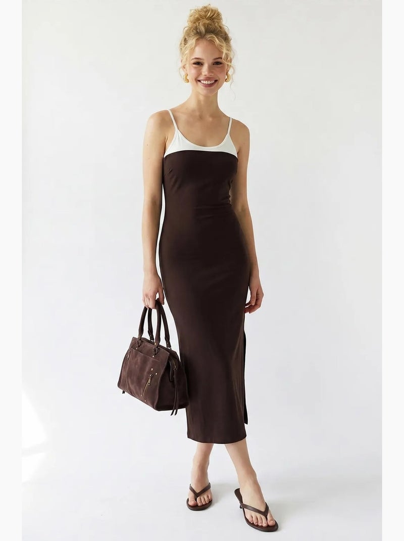 Mouwloze bodycon midi-jurk met split mixray Chocoladebruin - Kiabi