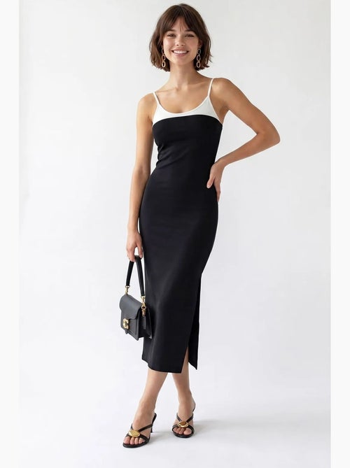 Mouwloze bodycon midi-jurk met split mixray - Kiabi Mouwloze bodycon midi-jurk met split mixray - Kiabi