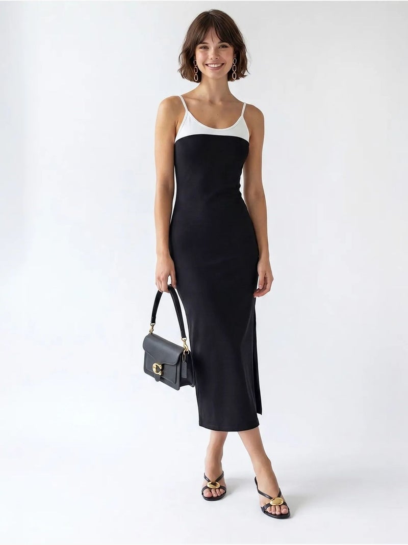 Mouwloze bodycon midi-jurk met split mixray Zwart - Kiabi