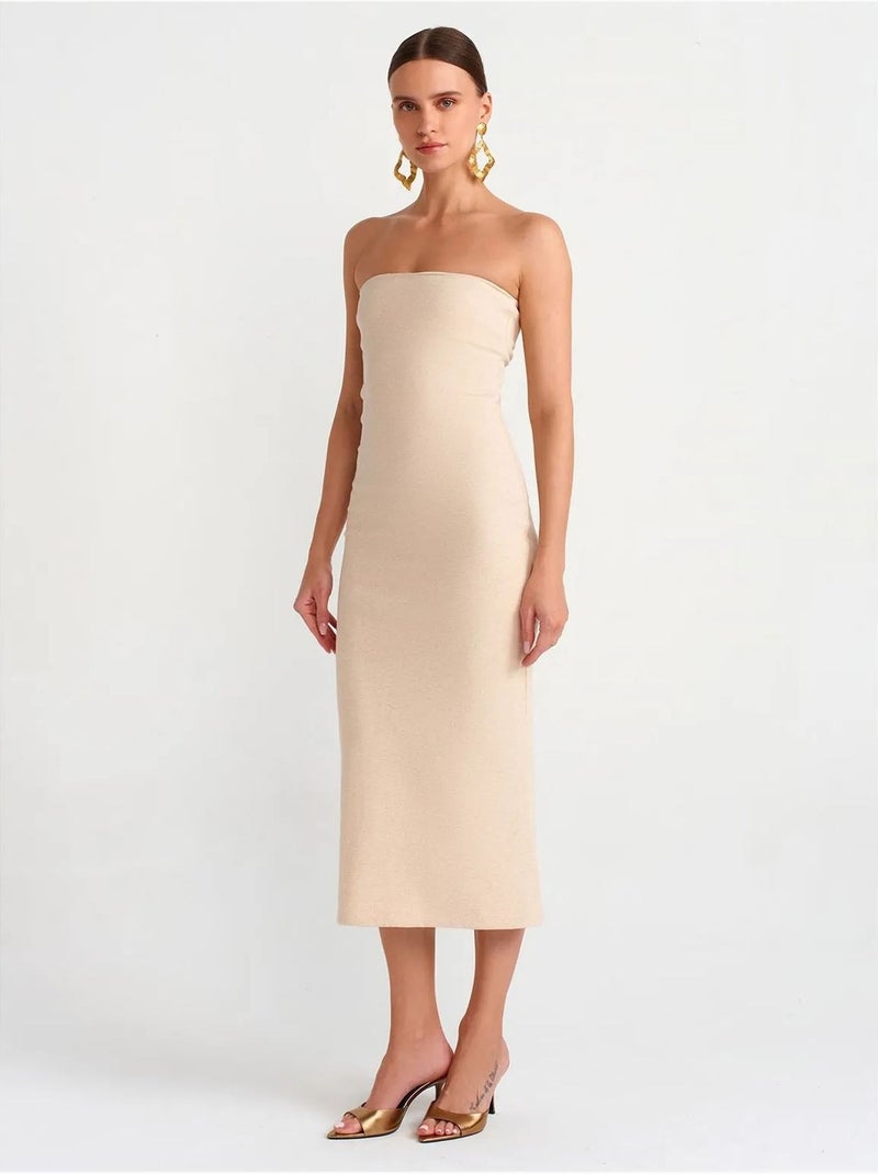 Mouwloze bodycon midi-jurk zonder bandjes dilvin Klei-beige - Kiabi