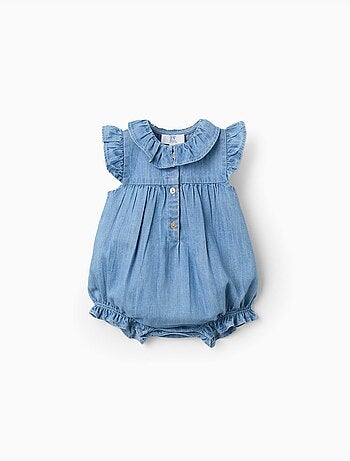 Mouwloze denim romper met ruches