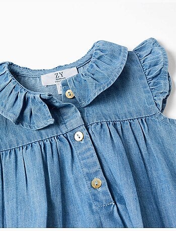 Mouwloze denim romper met ruches