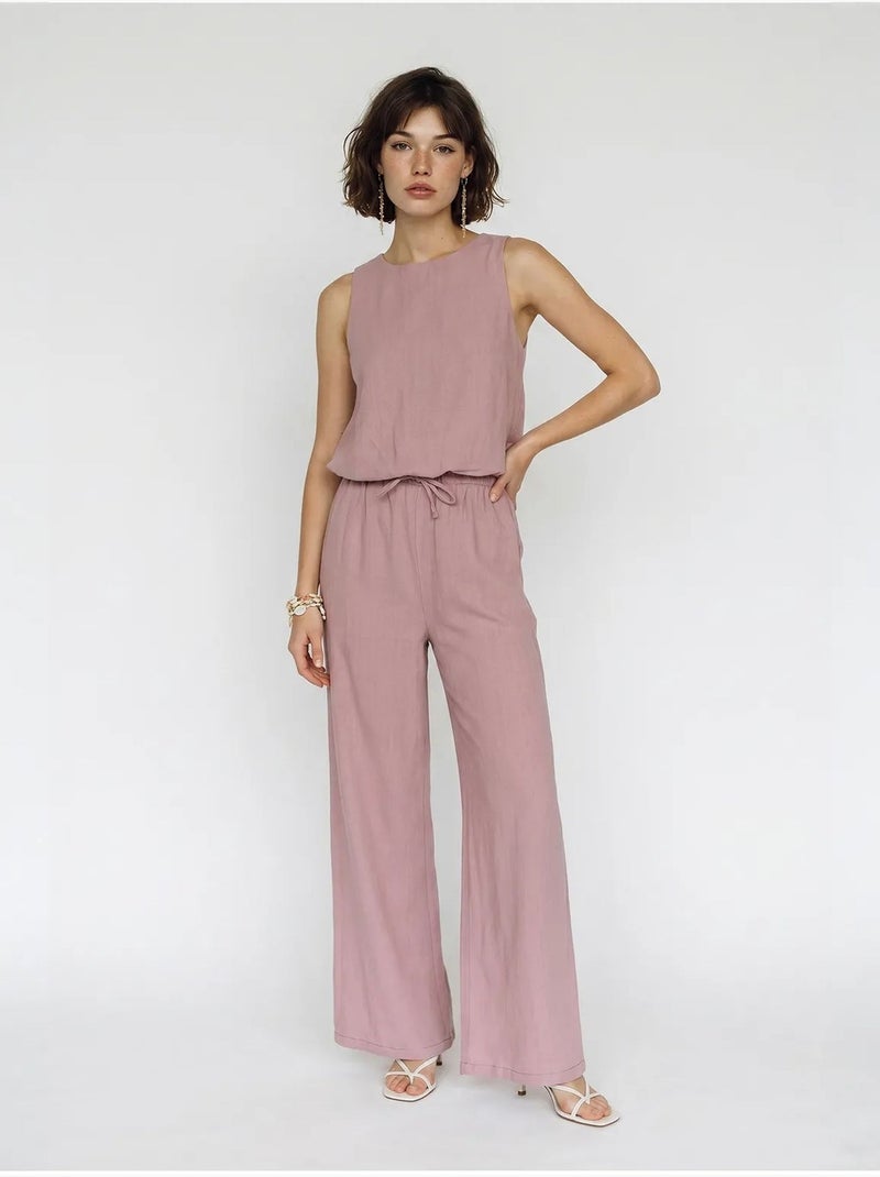 Mouwloze jumpsuit van katoen met wijde pijpen lucci Mauve - Kiabi