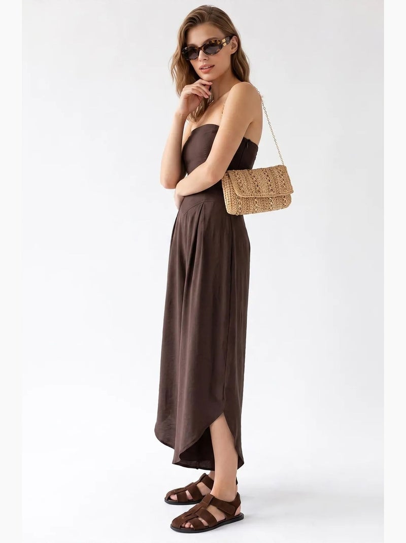Mouwloze jumpsuit zonder bandjes met wijde pijp en split mixray Chocoladebruin - Kiabi