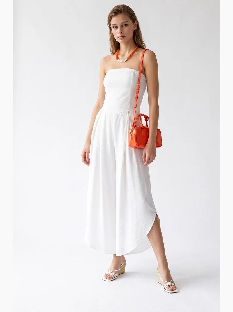 Mouwloze jumpsuit zonder bandjes met wijde pijp en split mixray Wit - Kiabi