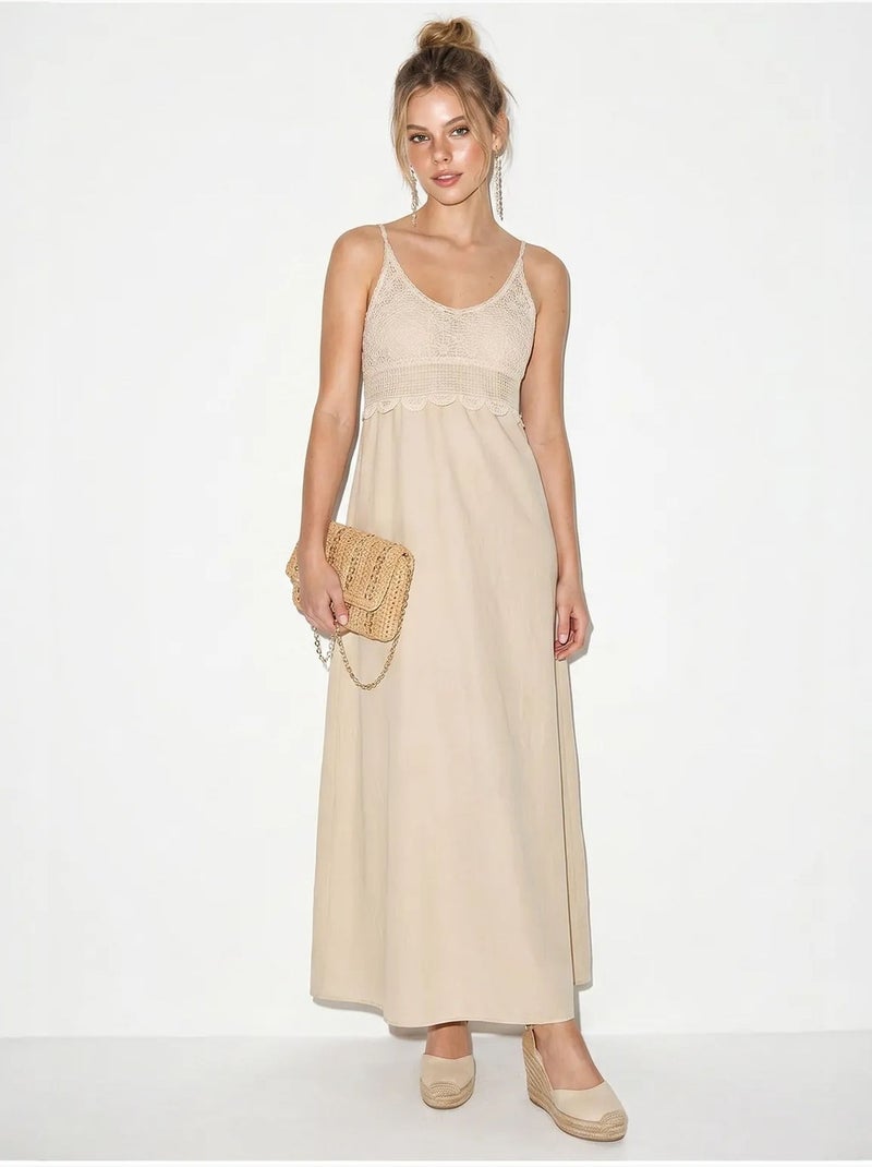 Mouwloze maxi-jurk met a-lijn en kantdetail lucci Klei-beige - Kiabi