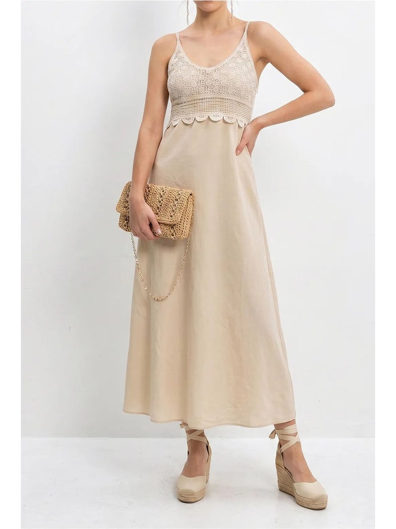 Mouwloze maxi-jurk met a-lijn en kantdetail lucci Klei-beige - Kiabi