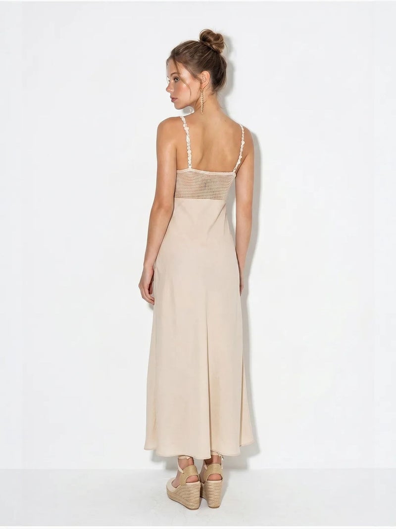 Mouwloze maxi-jurk met a-lijn en kantdetail lucci Klei-beige - Kiabi