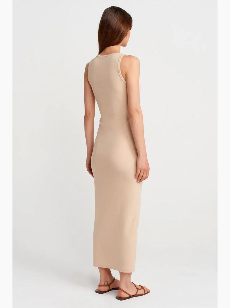 Mouwloze maxi-jurk van katoenmix in ribbelstructuur dilvin Klei-beige - Kiabi