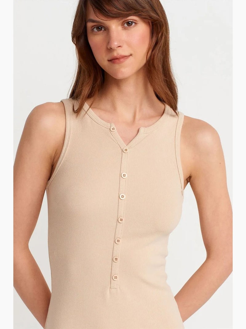 Mouwloze maxi-jurk van katoenmix in ribbelstructuur dilvin Klei-beige - Kiabi
