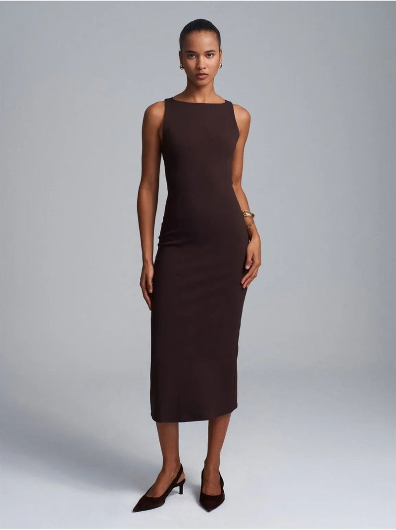 Mouwloze midi bodyconjurk met split dilvin Donkerbruin - Kiabi