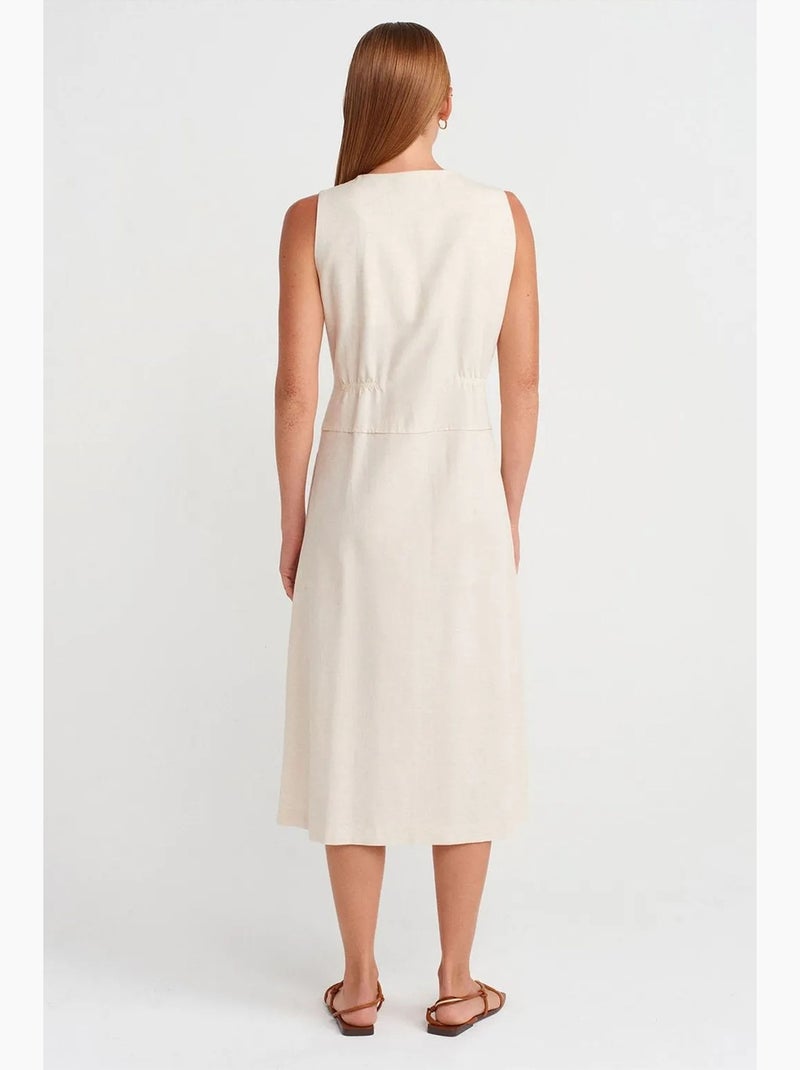 Mouwloze midi-jurk met v-hals en knopen dilvin Crème - Kiabi