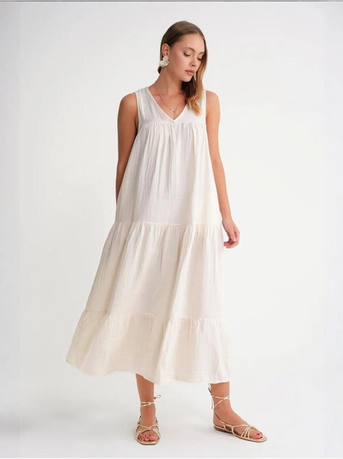 Mouwloze midi-jurk van mousseline met v-hals en zakken mixray - Kiabi Mouwloze midi-jurk van mousseline met v-hals en zakken mixray - Kiabi