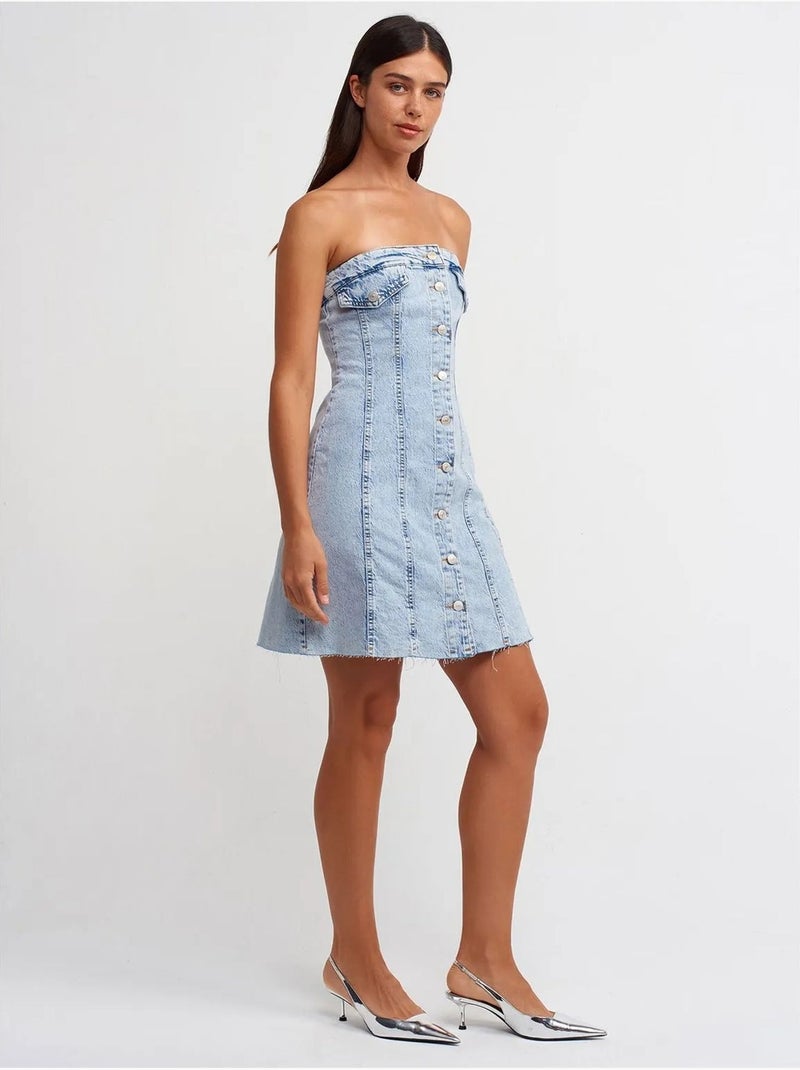 Mouwloze mini denimjurk zonder bandjes dilvin Lichtblauw - Kiabi