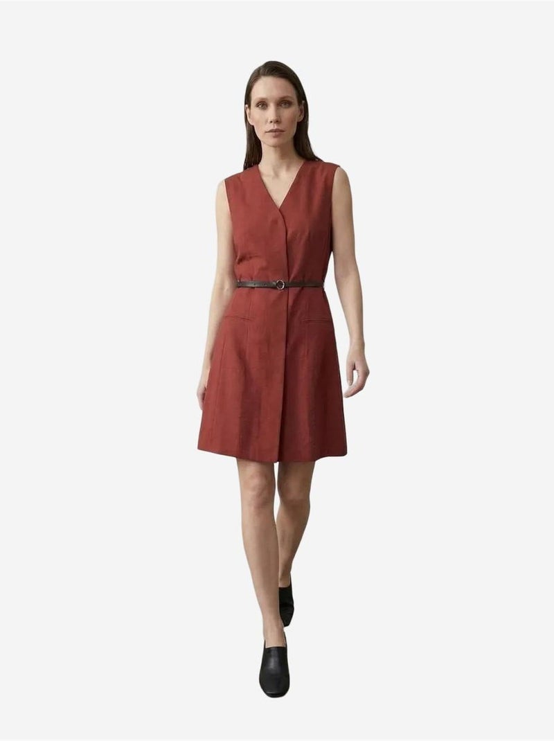 Mouwloze mini shiftjurk met v-hals en ceintuur my fashion Bordeauxrood - Kiabi