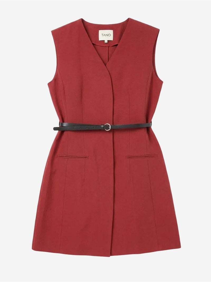 Mouwloze mini shiftjurk met v-hals en ceintuur my fashion Bordeauxrood - Kiabi