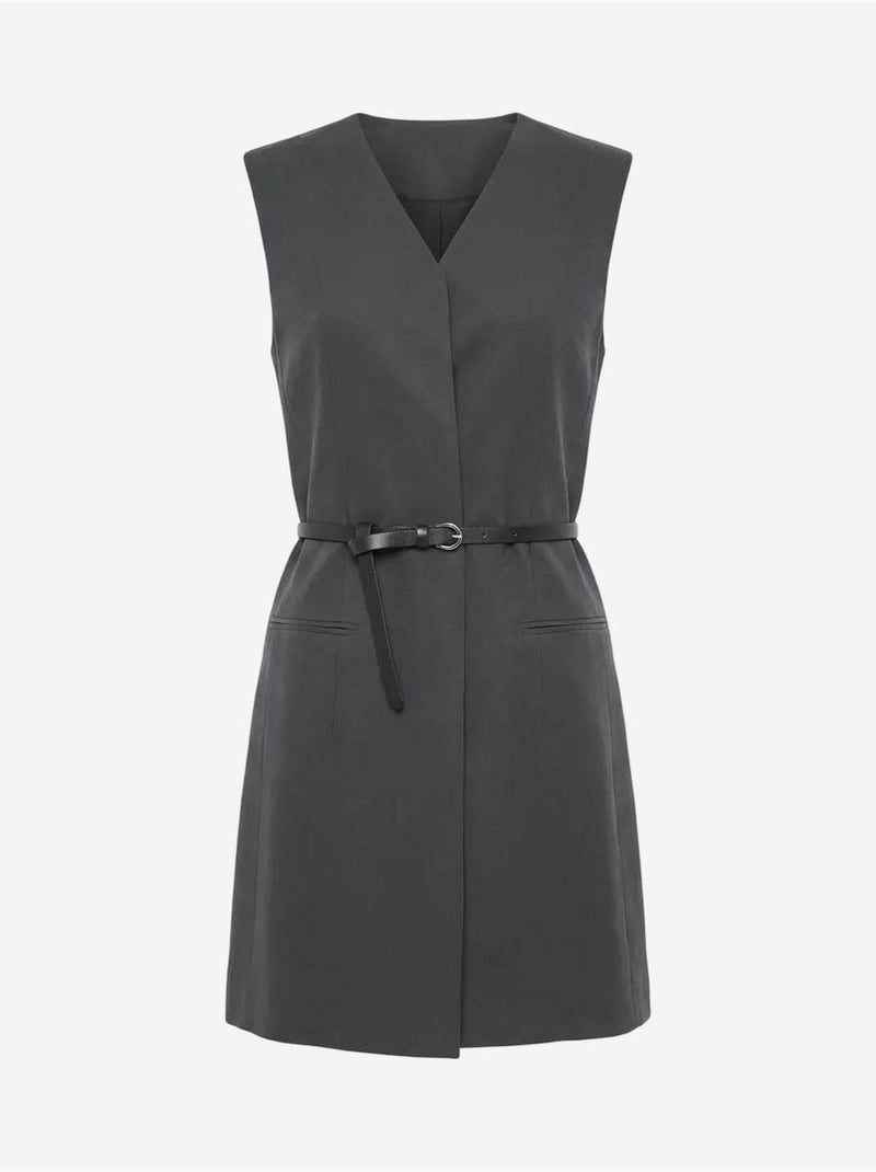Mouwloze mini shiftjurk met v-hals en ceintuur my fashion Grijs Zwart - Kiabi