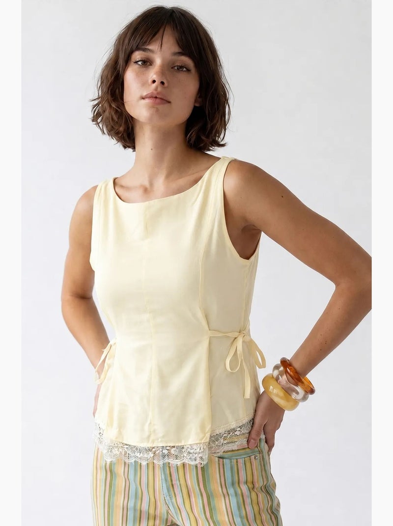 Mouwloze poplin blouse met striksluiting mixray Citroengeel - Kiabi