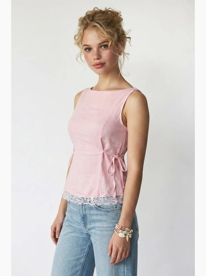 Mouwloze poplin blouse met striksluiting mixray Lichtroze - Kiabi