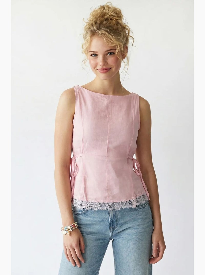 Mouwloze poplin blouse met striksluiting mixray Lichtroze - Kiabi