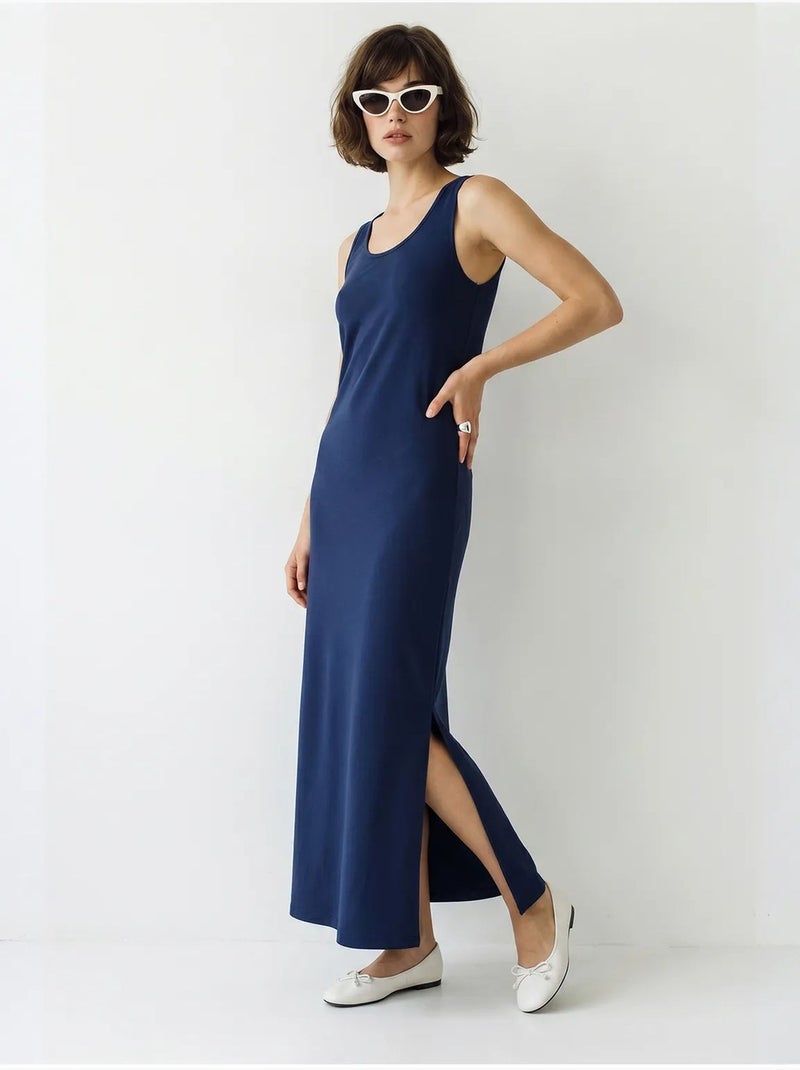 Mouwloze rechte maxi-jurk met split lucci Marineblauw - Kiabi